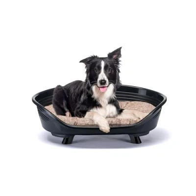 Afbeelding van Ferplast hondenbed &amp; kattenbed met katoenen kussen, verhoogd hondenbed, kunststof medium, wasbaar, hondenmand, ademend en antislip, THRONE 82 x 59,5 h 29,5 cm, zwart