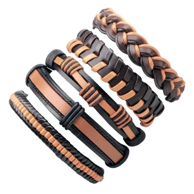 Afbeelding van Fako Bijoux® Leren Armband Leder Set Deluxe 5 Stuks Bruin/Oranje