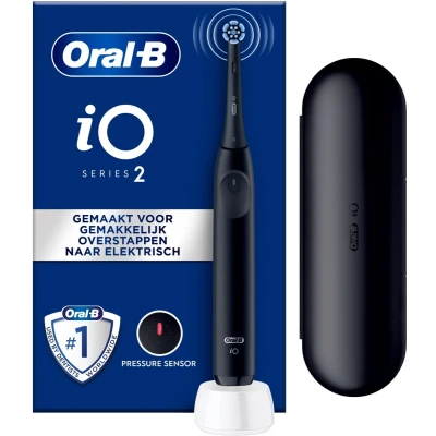 Afbeelding van Oral B iO 2 elektrische tandenborstel, zwart, voor volwassenen, 3 reinigingsmodi, zacht tandvlees, zachte borstel, accessoires, vervangende orale oplader, reisetui