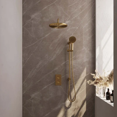 Afbeelding van Brauer Gold Edition Regendoucheset inbouw hoofddouche 30cm gladde knop handdouche Rond 3 standen glijstang PVD geborsteld goud