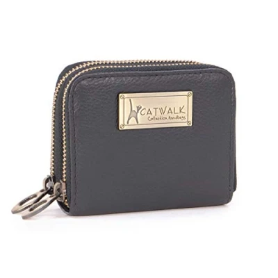 Afbeelding van Catwalk Collection ISLA Dames Luxe Kleine Organiser Portemonnee met Ritssluiting en Geschenk Doos Kwaliteit Leer RFID Protectie creditcard munten compartiment Zwart