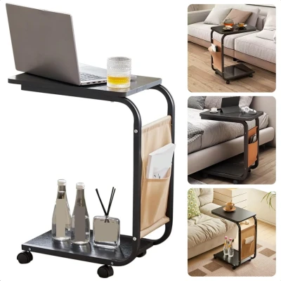 Afbeelding van Cheqo® Bijzettafel Verrijdbaar Banktafel met Wielen Laptoptafel 43x28x63 cm Zwart Metalen Frame