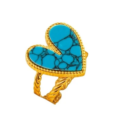 Afbeelding van Ring met Hart RVS One Size Goudkleurig Steen Blauw