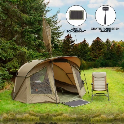 Afbeelding van 2 Persoons Bivvy Karpertent 10.000 HH Waterproof 300 x 305 150 cm Man Visserstent Inclusief Draagtas + Schoenmat Rubberen hamer Eenvoudige montage Groen