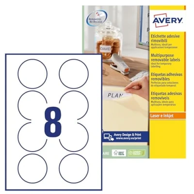 Afbeelding van Avery L4852REV Zelfklevende verwijderbare ronde etiketten, alle printers, 8 etiketten per A4 vel, 200 wit