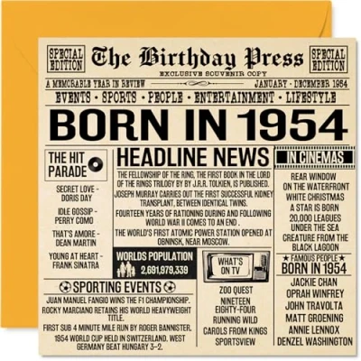 Afbeelding van 70e verjaardagskaarten voor mannen vrouwen geboren in 1954 krant Happy 70 verjaardagskaart opa oma Nan Vintage Retro terug 1954, 145 mm x zeventigste verjaardag wenskaarten