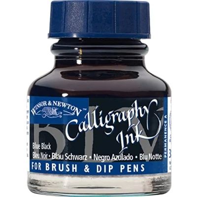 Afbeelding van Winsor &amp; Newton 1111034 Kalligrafie inkt voor vulpennen of kroontjespennen, onderling mengbaar, lichtecht met goede vloei eigenschappen 30ml fles, Bluaw zwart