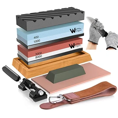 Afbeelding van Premium Professionele Slijpsteen Set 12 in 1 Messenslijper Korrel 400/1000 3000/8000 Wetsteen met Anti slip Siliconen Houder Hoekgeleiding Afvlakkende lederstrepen snijbestendige Handschoenen