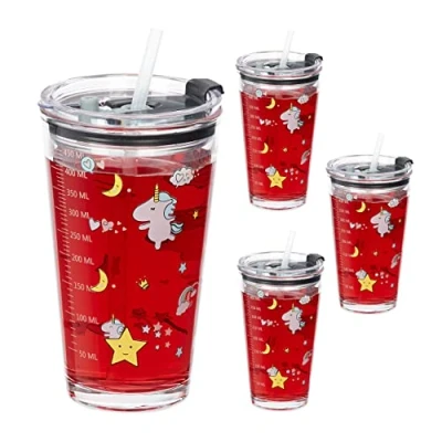 Afbeelding van Relaxdays drinkglazen met deksel en rietje set van 4 limonadeglazen 450 ml kinderen
