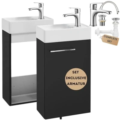Afbeelding van Deftrans Hangkast zwart badkamermeubelset met wastafel en kraan, compact: 40 x 60 21,3 cm, smal, onderkast, modern design voor je badkamer