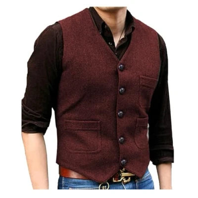 Afbeelding van Solovedress Vintage klassieke wollen kostuumvest voor heren, formeel, regular fit, gilet bruiloft, gilet, bordeaux, XL