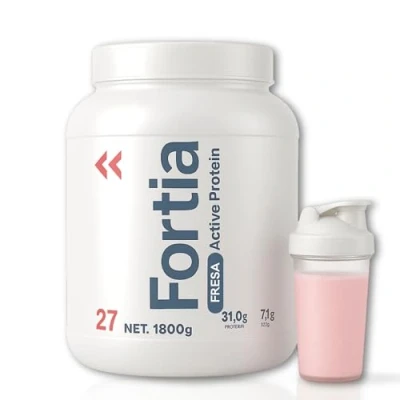 Afbeelding van Fortia Proteïne Whey + Shaker bevatten eenvoudige spijsvertering, eiwitten voor spieropbouw, wei eiwit van de hoogste kwaliteit, aardbeieneiwit, 1,8 kg