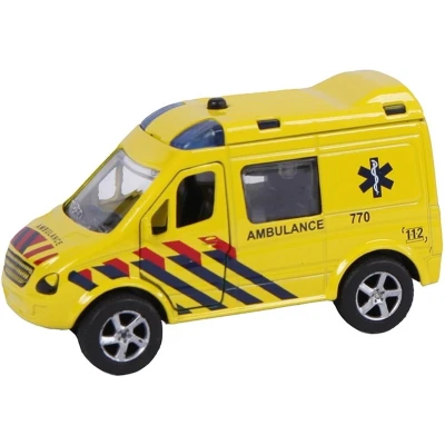 Afbeelding van 2 Play ambulance pull back met licht en geluid 11 cm geel