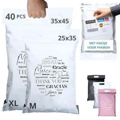 Afbeelding van 40 Verzendzakken Kleding Vinted met VERZENDLABELS 2 Maten M/XL ONDOORZICHTIG/DUURZAAM/WATERDICHT Verzendenvelop van Kunststof Verzendtas handvat tassen voor pakketten Bedankt