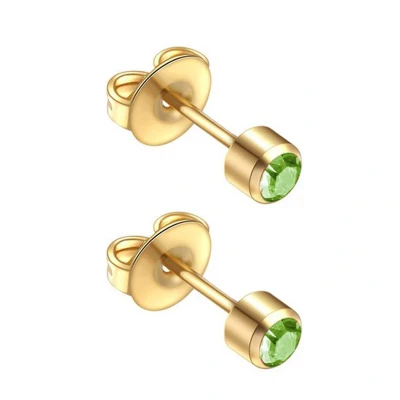 Afbeelding van Caflon 4mm 24K gold plated oorknopjes voor oorschieter hypoallergeen steriel verpakt goudkleurig met groene steen geboortesteen augustus