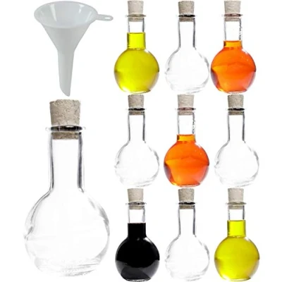 Afbeelding van 10 glazen flessen Tulipano 100 ml met kurksluiting als gastgeschenk incl. een trechter Ø 5 cm