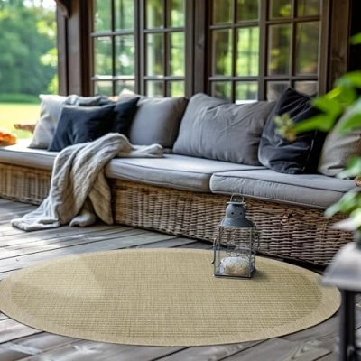 Afbeelding van Ronde Buitentapijt voor Terras, Balkon en Tuin, Keukentapijt in Effen Design, Weerbestendig Platgeweven met Sisal Look, Wasbaar Tapijt 200 cm Rotondo, Groente