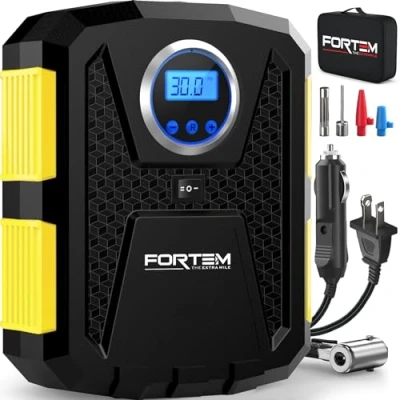 Afbeelding van FORTEM Bandenpomp, Draagbare Luchtcompressor, Fietspomp, 110V AC 12V DC Elektrische Pomp voor Auto en Fiets, met Ledlicht, Digitale Bandenspanningsmeter Automatische Pomp/Uitschakeling (Geel)