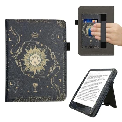 Afbeelding van kwmobile E reader hoesje geschikt voor Amazon Kindle Paperwhite (12. Gen 2024) / Colorsoft hoes flip case van kunstleer Ereader cover met stand Tarotkaart design in donkerblauw geel zwart