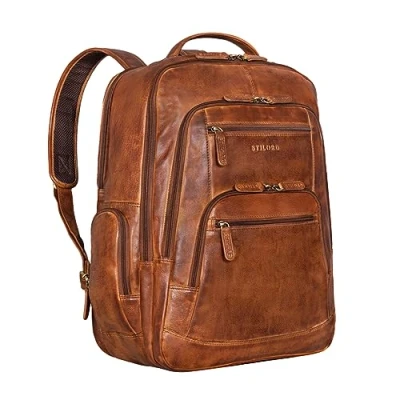 Afbeelding van STILORD &#039;Igor&#039; Leren Rugzak Grote Mannen en Vrouwen Laptop 18 Inches Zakelijke Reizen Leraren Tas, Kleur:brandy cognac