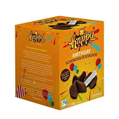 Afbeelding van Happy Birthday, chocoladekoekjes, veganistisch, in een doos van 10 stuks, met inspirerende boodschappen (1 = gluikkoekjes à 6 g)
