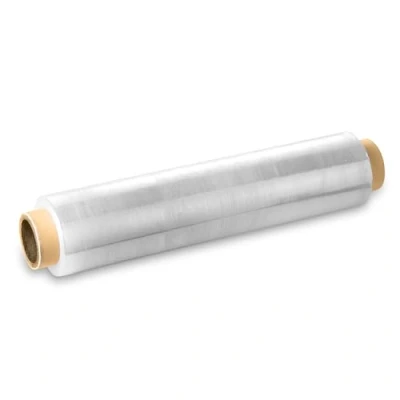 Afbeelding van Rekbare folie, transparant, breedte 40 cm, voor pallets en pakketten, rol van 150 m tot 200 m, 23 micron, zelfklevende kunststoffolie, veelzijdig, bescherming verhuizingen, dozen, meubels