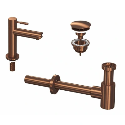 Afbeelding van INK 1A Fonteinkraanset staande Fonteinkraan laag always open plug en design Sifon Mat rose goud Minimalistisch