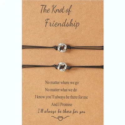 Afbeelding van Vriendschapsarmbandjes voor 2 met Knoopjes Zilverkleurig Zwarte Bandjes BFF Armbandjes op Cadeau kaartje Pax Amare