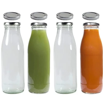 Afbeelding van 4 glazen flessen 500 ml met 8 deksels zilverkleurig incl. etiketten