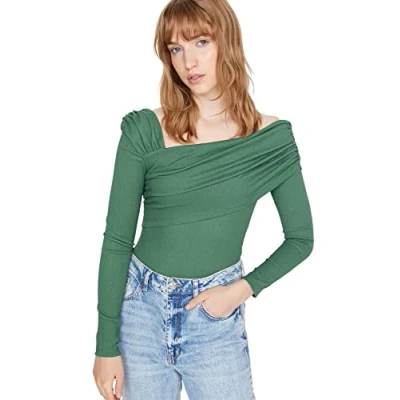 Afbeelding van Trendyol Zwarte Asymmetrische Kraag Gedetailleerd Gedrapeerde Aansluitende/Geplaatste Gebreide Bodysuit Van Crêpe Twoaw23Bd00043