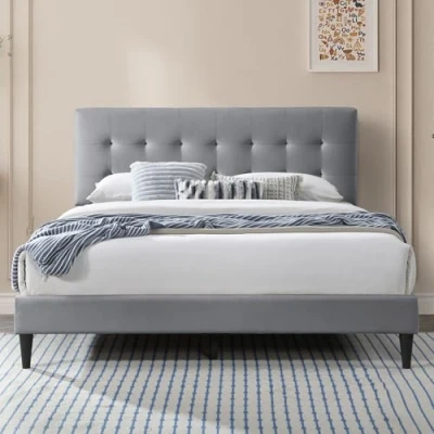 Afbeelding van bed 140 x 200 cm, 160 gestoffeerd met lattenbodem, bedframe tweepersoonsbed zachte overtrek en gewatteerd hoofdeinde stiksel, robuust frame, grijs cm