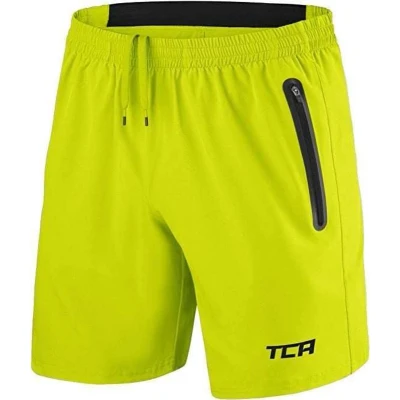 Afbeelding van TCA Mannen Elite Tech Lichtgewicht Hardloop Gym Trainings Shorts met Ritszakken Fel Groen, S