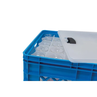 Afbeelding van SUNWARE Square glazen krat met deksel 52 Liter voor 30 wijn of champagneglazen blauw