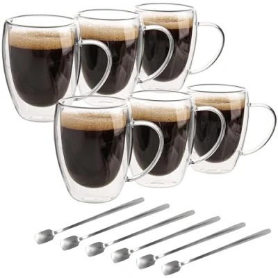 Afbeelding van Belle Vous 6 Pak Dubbel Wand Glazen Koffiemokken 350 ml Kopjes met Handvatten Geïsoleerde Hittebestendige Borosilicaat Drankbekers voor Thee, Koffie, Cappuccino &amp; Lattes