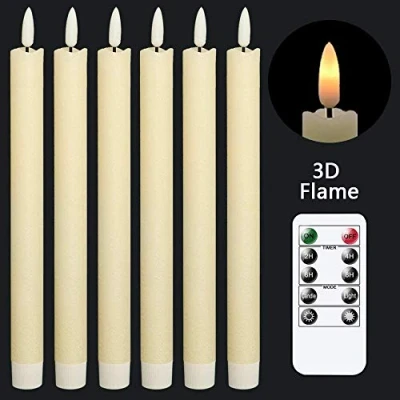 Afbeelding van Eldnacele vlamloze ivoorkleurige conische kaarsen flikkeren met 10 key afstandsbediening, batterij aangedreven LED warm 3D lont licht venster echte wax set van 6, kerst thuis bruiloft decor (0,78 x 9,64 inch)