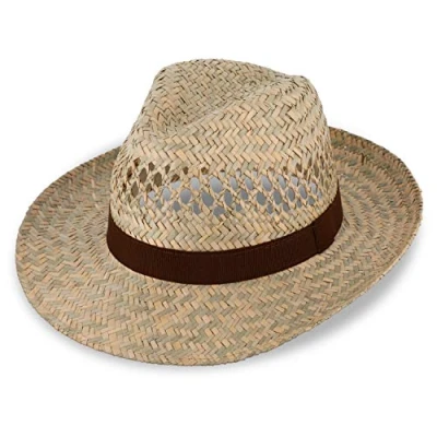 Afbeelding van fiebig Fedora strohoed met bruin lint zonnehoed voor mannen en vrouwen in 100% stro Bogart hoed gemaakt Italië zomer brede rand kleur natuurlijk (63 XXL)