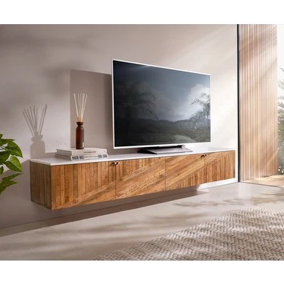 Afbeelding van Tv meubel Bahan mango teak 200 cm 4 deurs marmer Top White Floating Lowboard