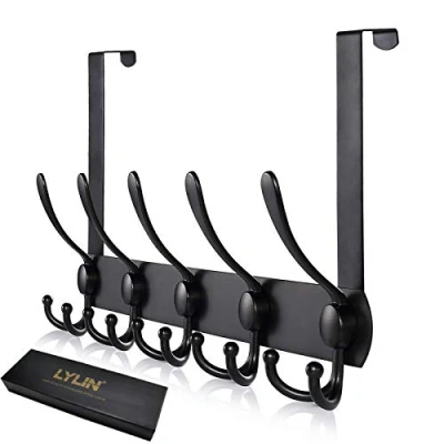 Afbeelding van Over de Deurhaak Hanger, LYLIN Roestvrijstalen Hangers Voor Deur met 15 Haken, Opbergrek Zwaar Gebruik Wandhanger Jas, Kleding, Handdoek, Tas (Zwart, Deuren Dikte 2 cm)