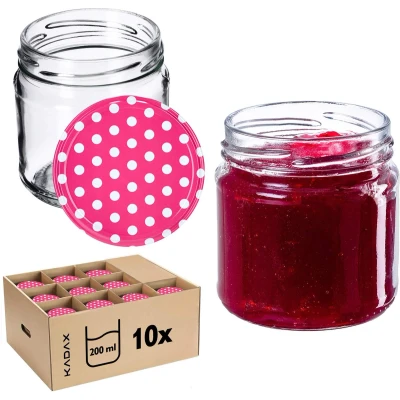 Afbeelding van KADAX Kleine inmaakpotten 200 ml jampotten fi66 mm mini glazen voor honing en specerijen luchtdichte weckpotten ronde (10 stuks roze gestippeld)