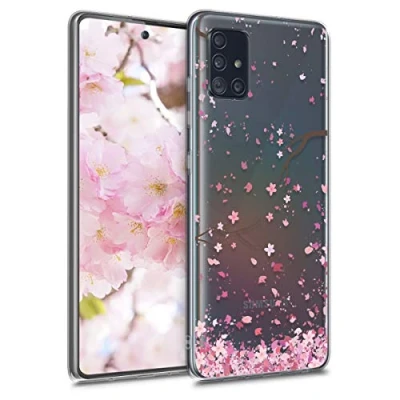 Afbeelding van kwmobile telefoonhoesje geschikt voor Samsung Galaxy A51 Hoesje smartphone in poederroze / donkerbruin transparant Kersenbloesembladeren design