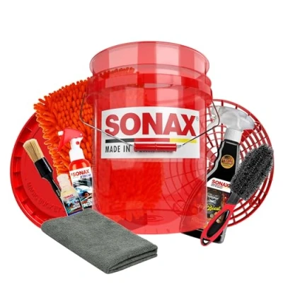 Afbeelding van Sonax Velgenreinigerset, autowasemmer met zeef en deksel, velgenborstel, washandje, borstel keramische spray verzegeling, shampoo microvezeldoek
