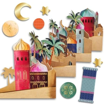 Afbeelding van Papierdrachen Ramadan tafeldecoratie tafelslinger om neer te zetten met elegant motief kleurrijke huizen en inclusief tafelconfetti goudfolie Eid Mubarak suikerfeest