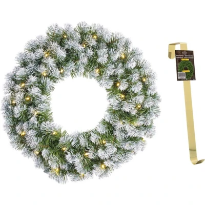 Afbeelding van Kerstkrans/deurkrans groen met verlichting 30 lampjes en sneeuw 60 cm gouden hanger Kerstkransen