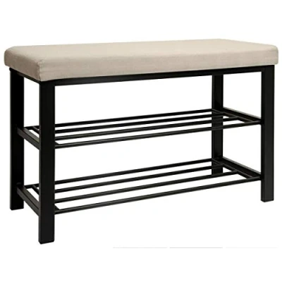 Afbeelding van DuneDesign Schoenenbank 81 x 32 46 cm, open schoenenrek met 2 planken, metaal gevoerde, linnen zitting