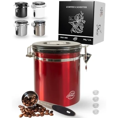 Afbeelding van Pro@Home43® Koffieblik luchtdicht 500g rood koffiebonen voorraaddoos 1,5 l van roestvrij staal met kalenderfunctie, incl. doseerlepel en 4 x C02 reserveventielen, stijlvolle verpakking