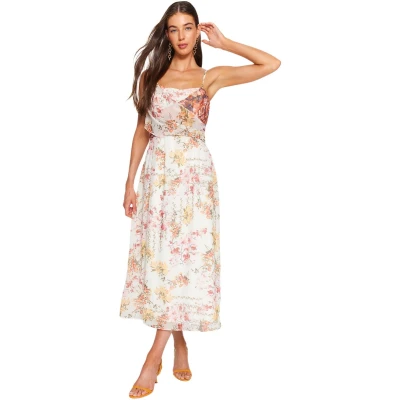 Afbeelding van Trendyol Witte Maxi Jurk Van Chiffon Met Bloemenpatroon En Tailleband, Gevoerd Geweven Twoss23El02421
