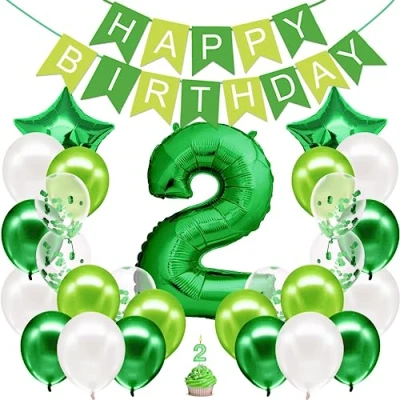 Afbeelding van Verjaardag Decoratie Jongens Groen Nummer 2e Jongen Gelukkige Slinger Folieballon 2 Ballon Kinderen