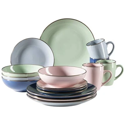 Afbeelding van MÄSER 931870 Metallic Rim, moderne serviesset voor 4 personen met messingkleurige rand, 16 delig combiservies randloze coupe vormen, kleurrijk, aardewerk, pastel&#039;n&#039;blue