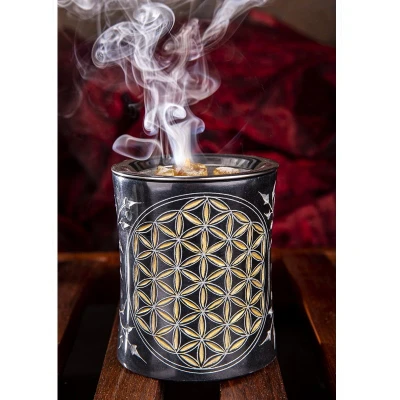 Afbeelding van Berk ST 299 wierookbrander met zeef *Levensbloem &amp; Zwart Goud * van steen wierookvat wierook roken esoterische geschenken