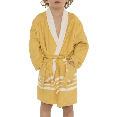 Afbeelding van Hamam Kinderbadjas Mustard Yellow 2 3 jaar jongens/meisjes/uniseks badjas kind / kinderen badstof zwembadjas jongens/meisjes/unisex pasvorm comfortabele sjaalkraag kinder badjassen